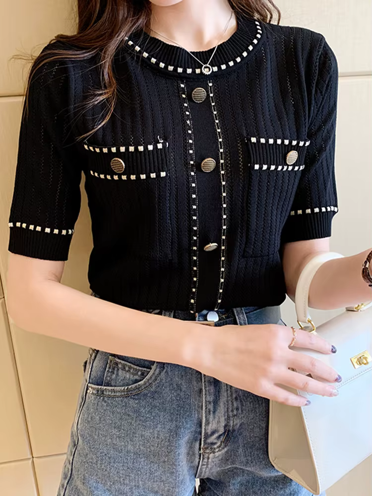 Zjaiss t-shirt blanc femmes été 2026 haut à manches courtes dames poches t-shirts de base tricoté vêtements décontractés
