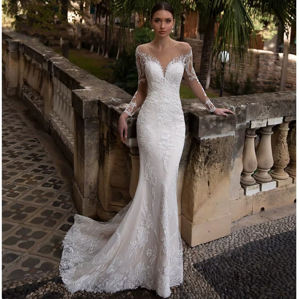 Robes de mariée sirène en dentelle à manches longues pour femmes, robes de Rhde princesse personnalisées, vêtements de célébrités populaires, patients, 2024