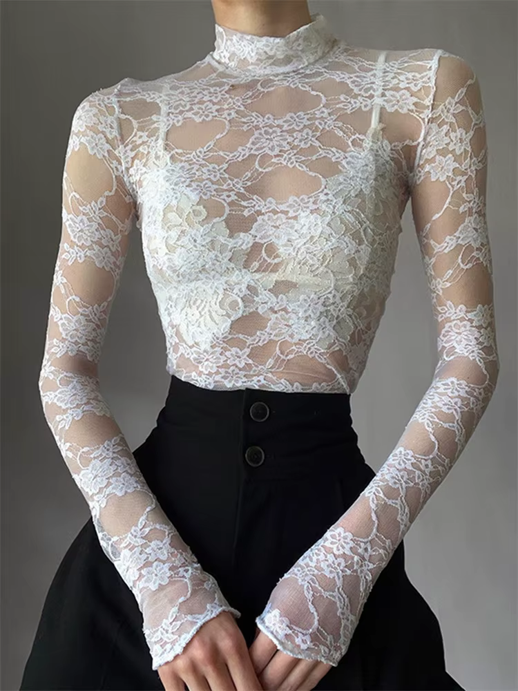 T-shirt à manches longues en dentelle florale pour femmes