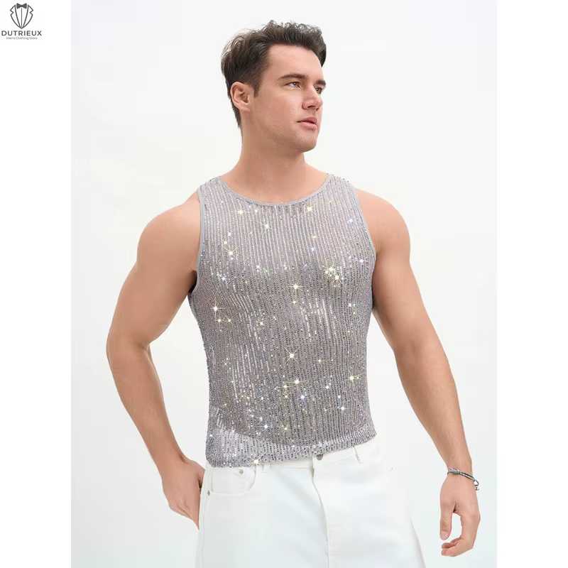 Débardeur court à paillettes pour homme – Gilet sans manches scintillant pour soirée