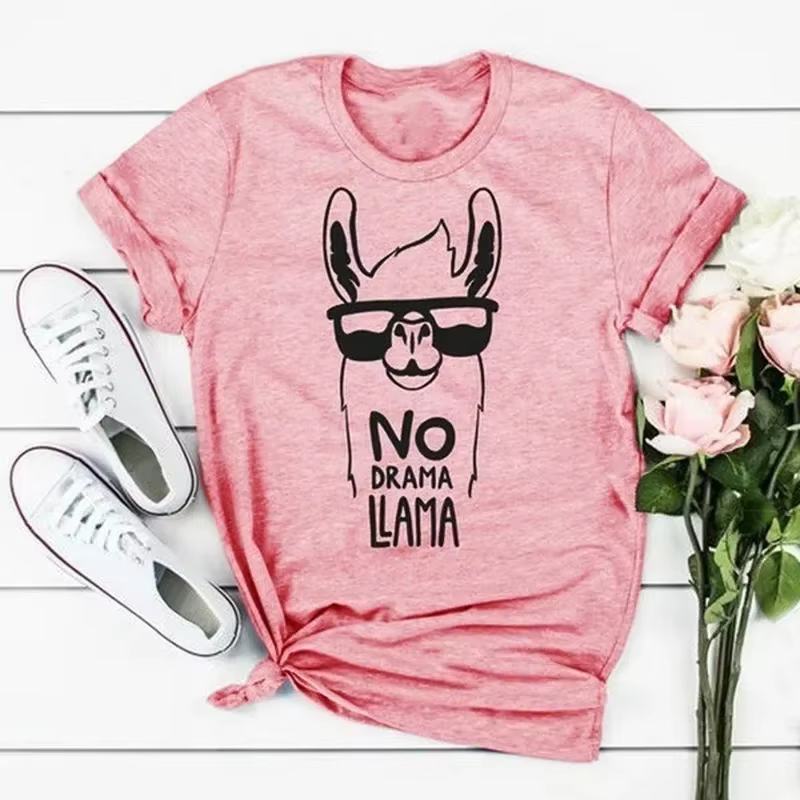 Pas de drame lama alpaga imprimé t-shirt femmes à manches courtes col rond