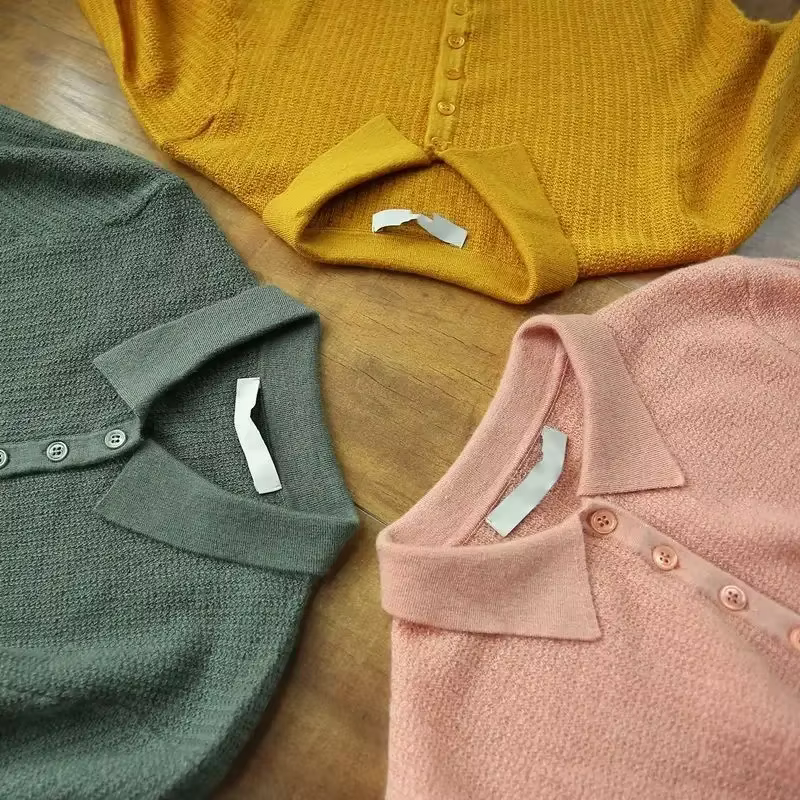 Chemise à col Polo jaune bouton tricoté rose t-shirts pour femmes haut uni vêtements t-shirt à manches courtes nouvelle esthétique synthétique été 2025