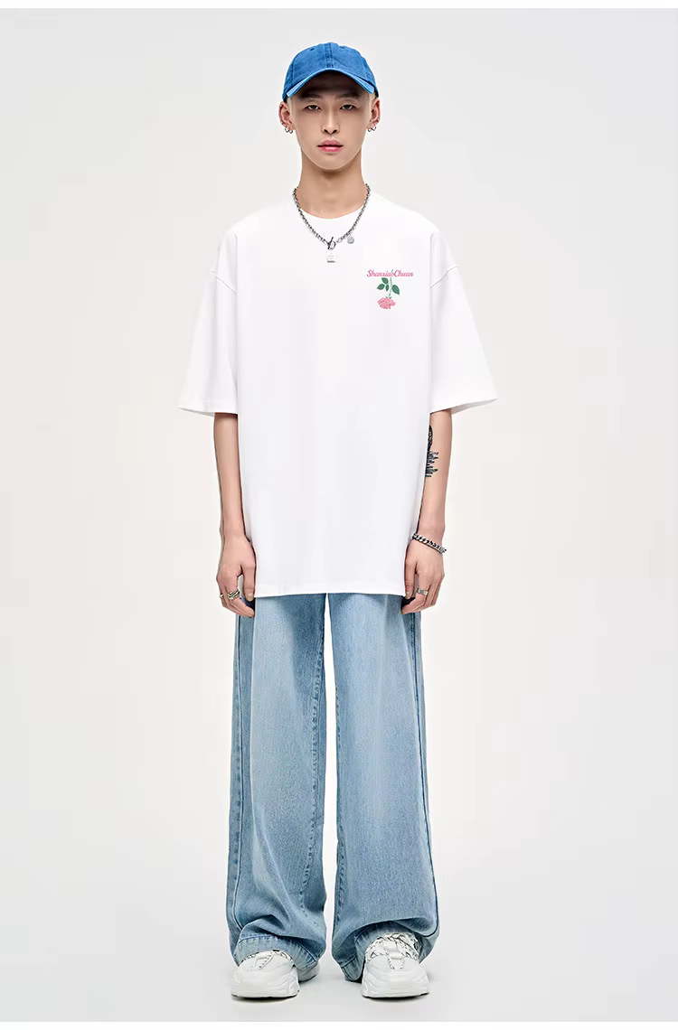 T-shirt rétro à manches courtes avec motif rose et style américain