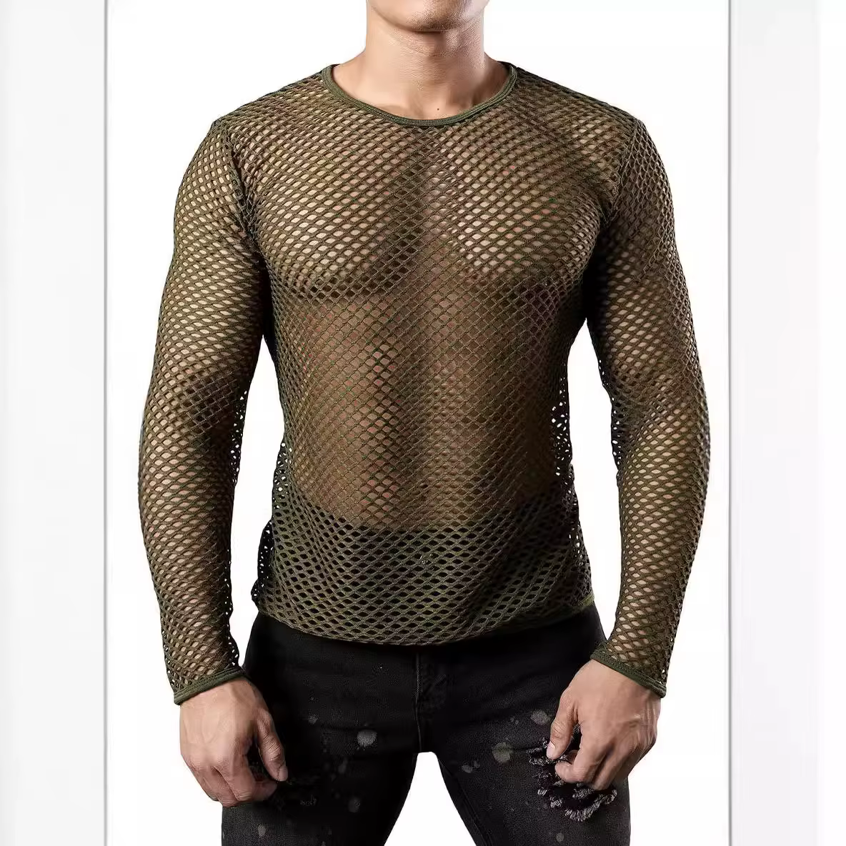 2025 hommes t-shirt maille Transparent col rond à manches longues T-shirts Sexy Streetwear mode fête discothèque