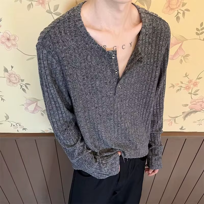 T-shirt à col Henry à manches longues pour homme – Nouvelle collection Printemps-Automne 2026 – Décontracté et confortable