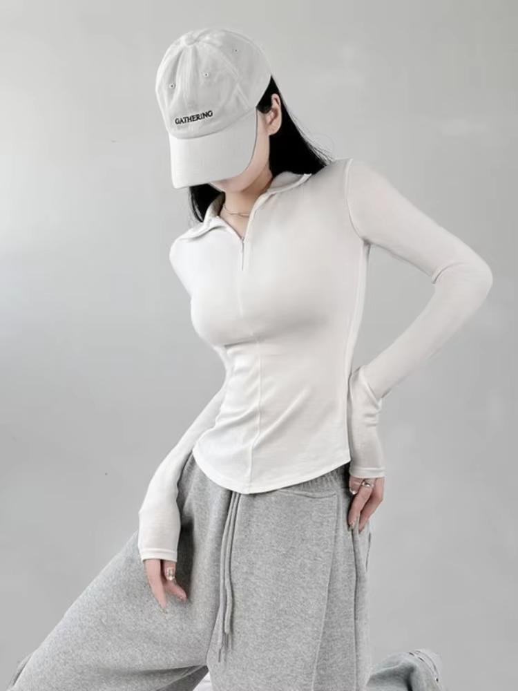 Fermeture éclair col Polo t-shirt pour femmes plaine mince printemps automne coréen vêtements femme