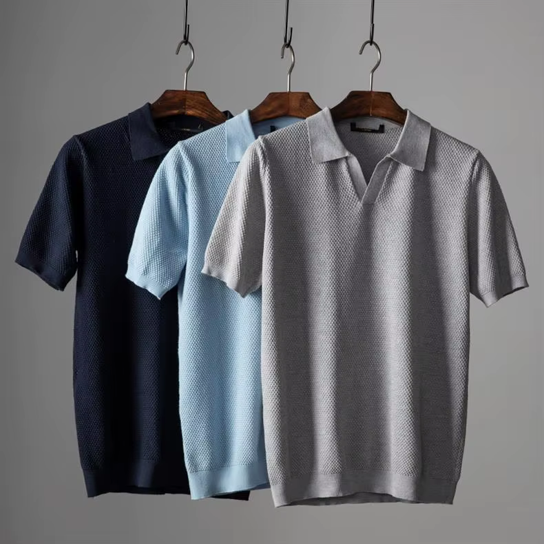 Hommes Polo chemise rabattu haut respirant col manches courtes couleur unie tricot t-shirt 2025 été décontracté base