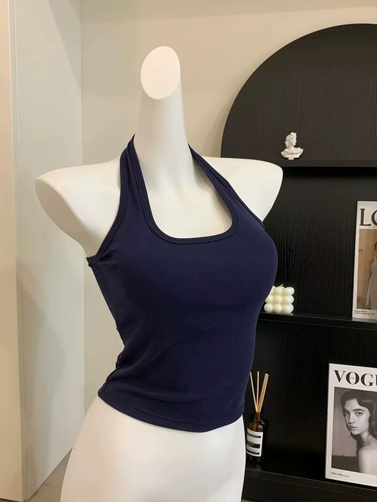 Nouveau coton bleu côtelé tricoté Sexy hauts col été chemises de base maigre mince Sport gilet décontracté épaules dénudées débardeur pour femmes