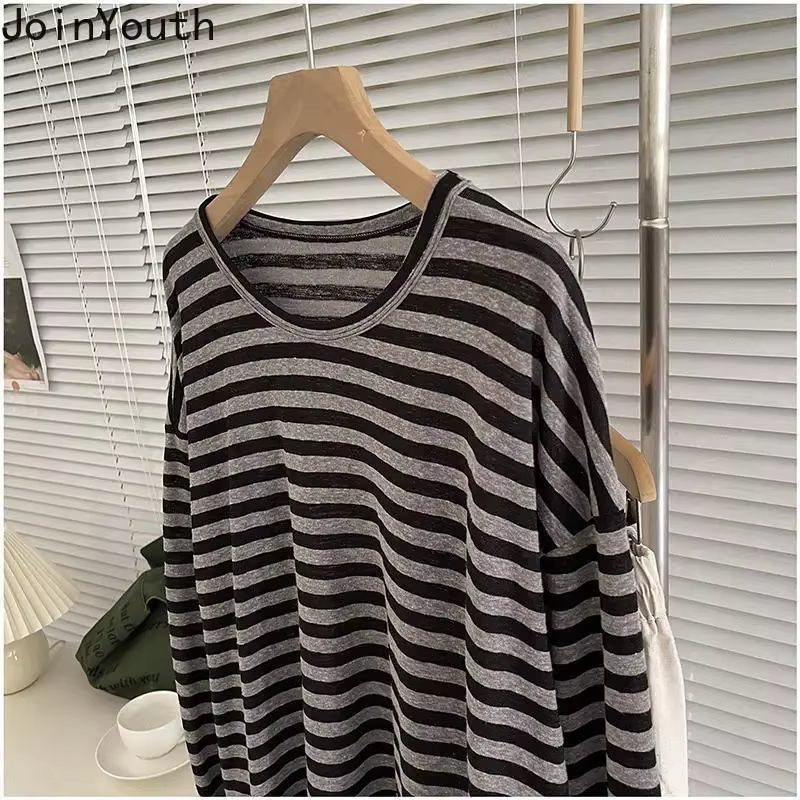 Chemises rayées pour femmes T-shirt surdimensionné 2025 Ropa Mujer manches longues col rond t-shirts haut décontracté