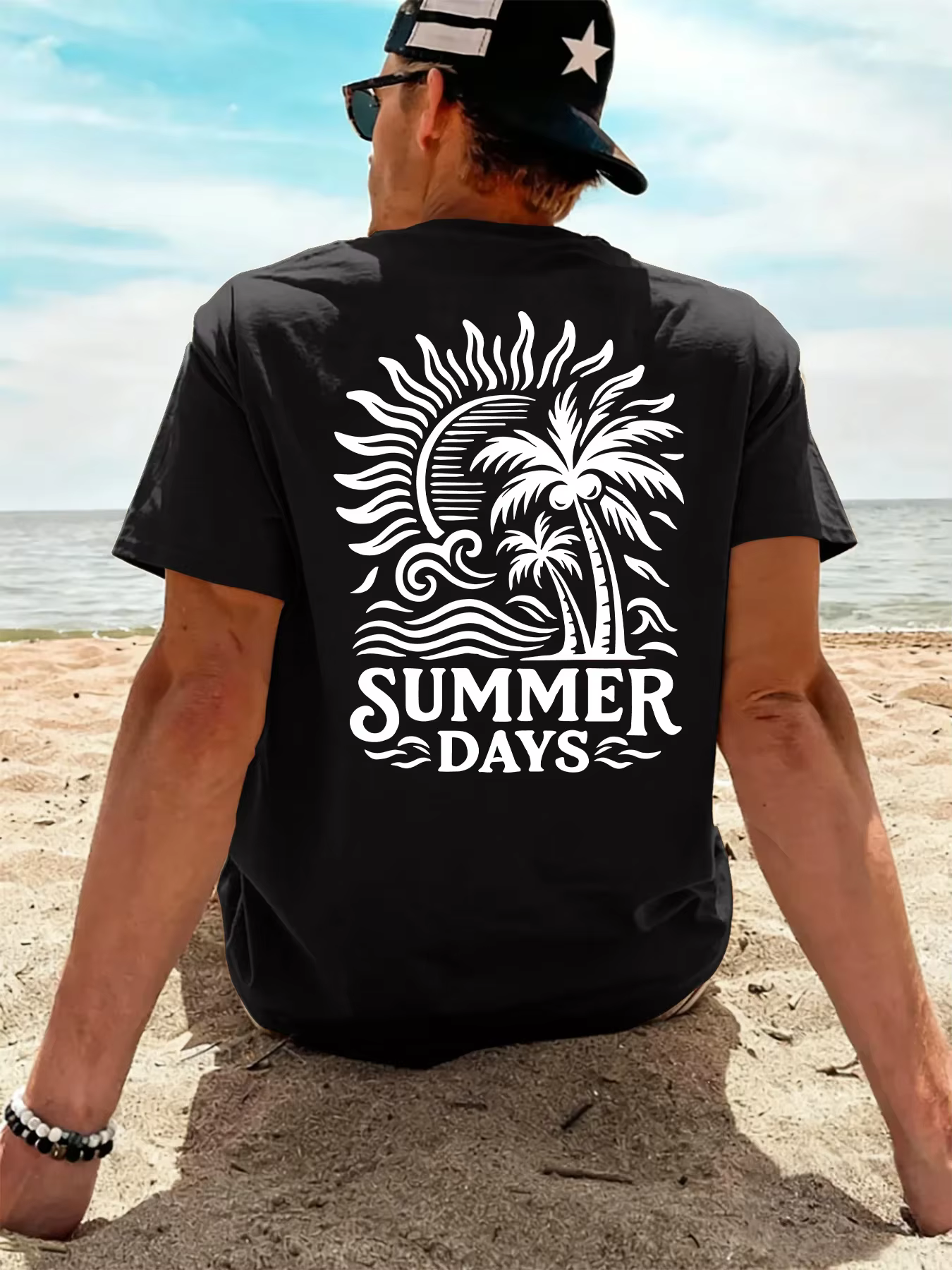 T-shirt pour homme « Summer Days Palm Tree Beach » 100 % coton