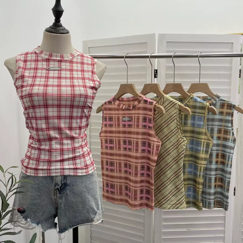 ISAROSE Vintage débardeurs pour femmes été sans manches Plaid maille extensible Double couches col rond mince hauts courts vêtements de sport