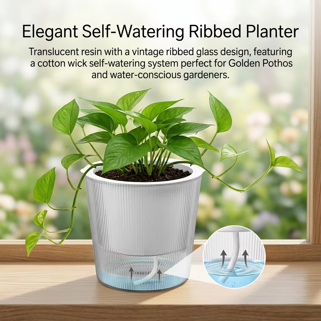 Pots de fleurs en résine semi-transparente auto-arrosants avec design à nervures verticales pour plantes d'intérieur, pothos, succulentes, décoration maison et bureau