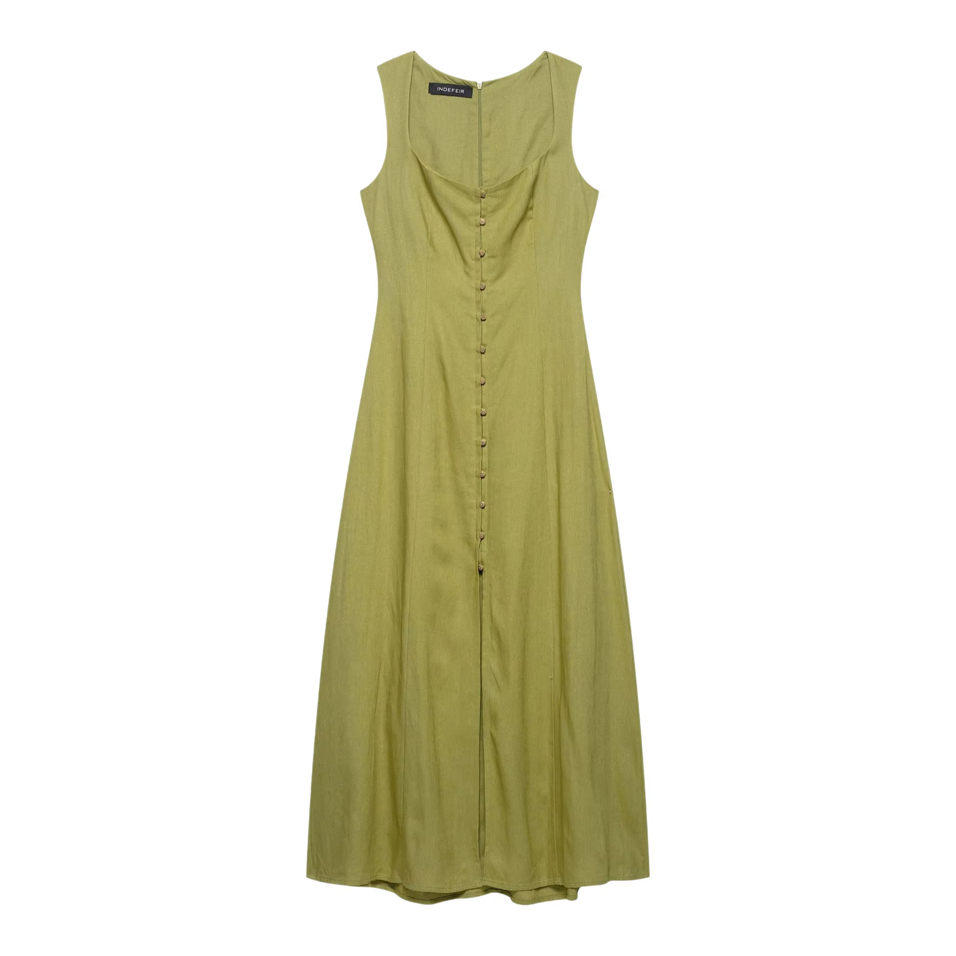 Robe longue élégante sans manches en lin uni à bouton unique