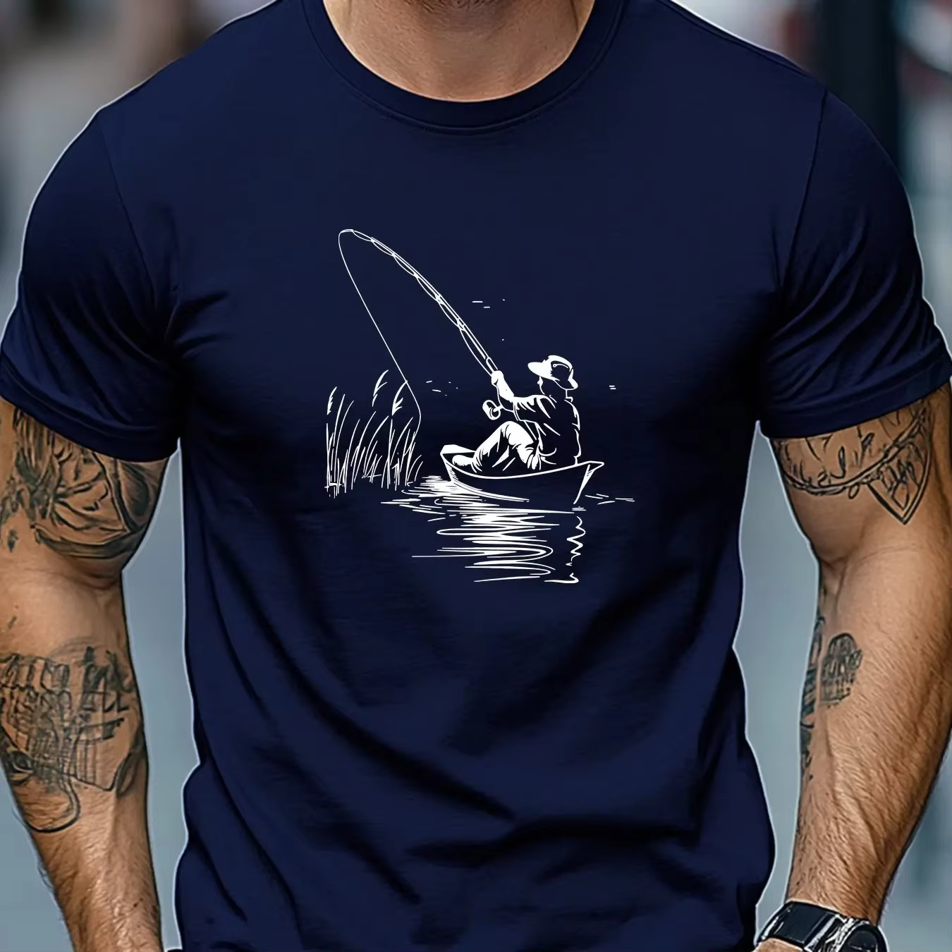 T-shirt à manches courtes pour homme avec motif bateau et pêche