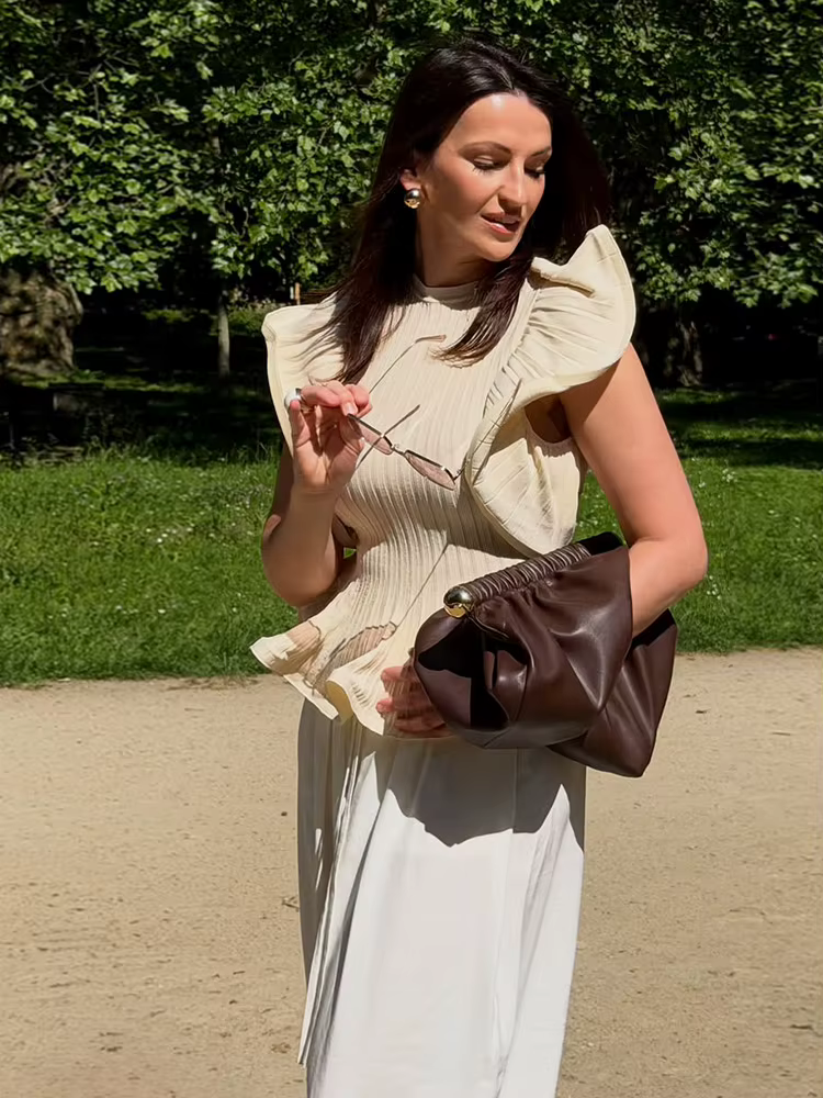 Hauts pour femmes en maille à volants sans manches