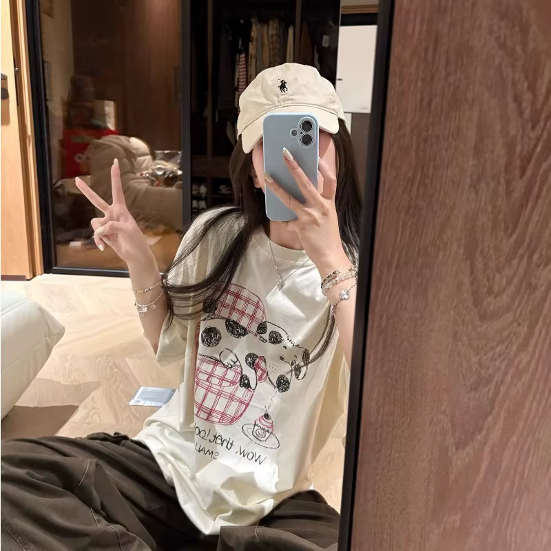 Coréen pas cher décontracté chiens graphique imprimé coton t-shirt femmes hommes rétro Harajuku Hip Hop Streetwear surdimensionné haut ample Tees128