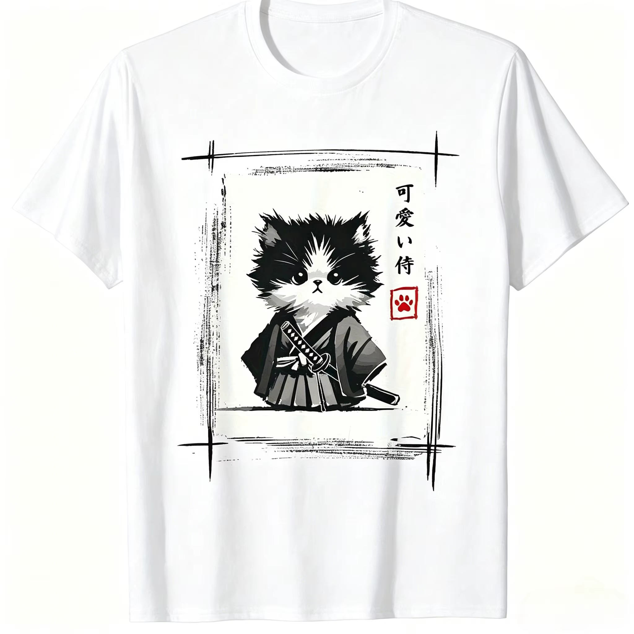T-shirt imprimé Kawaii Chat Samouraï Art à l'encre japonaise