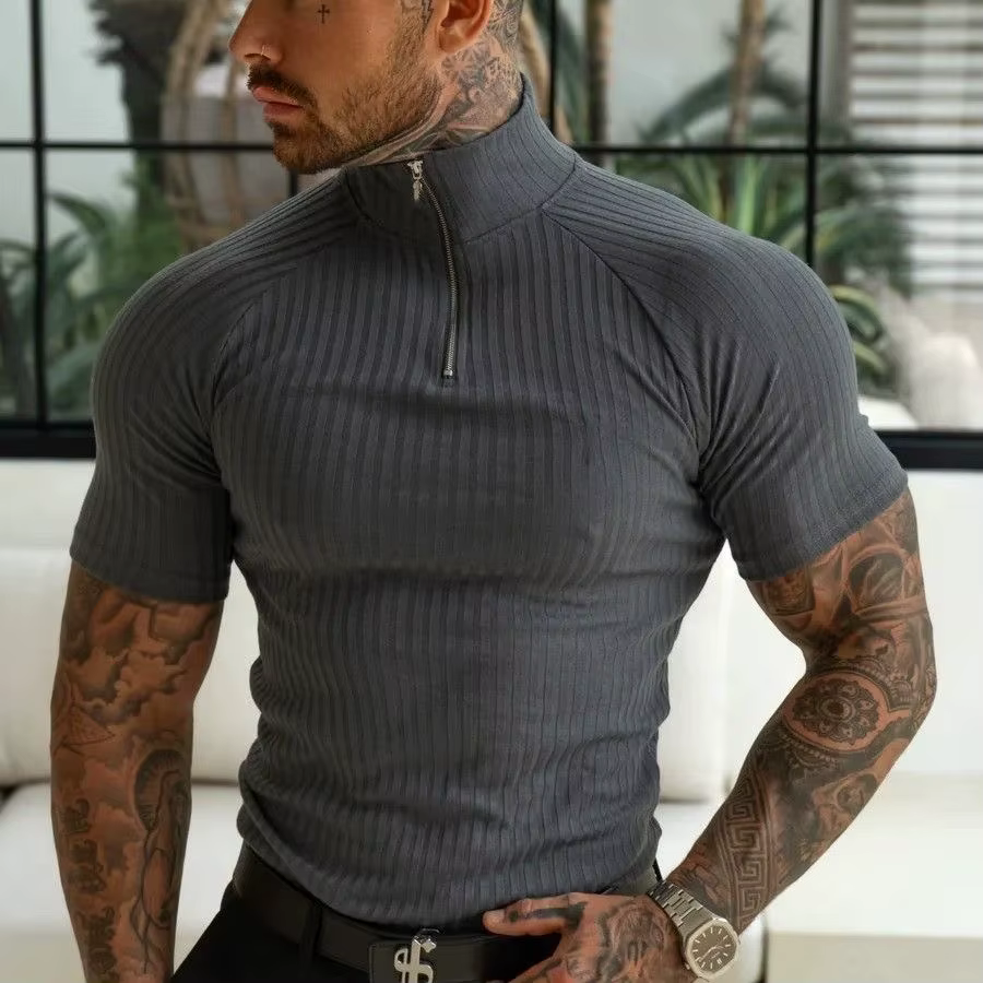 Polo élastique ajusté pour homme – T-shirt d'été tendance à col montant zippé