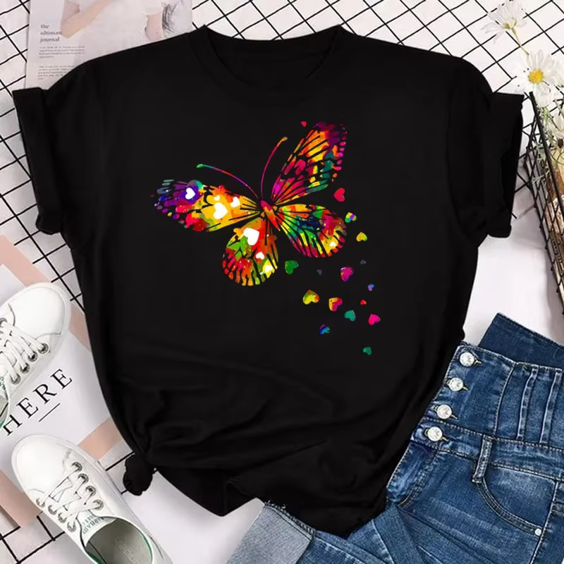 T-Shirt imprimé de pétales de papillon colorés pour femmes