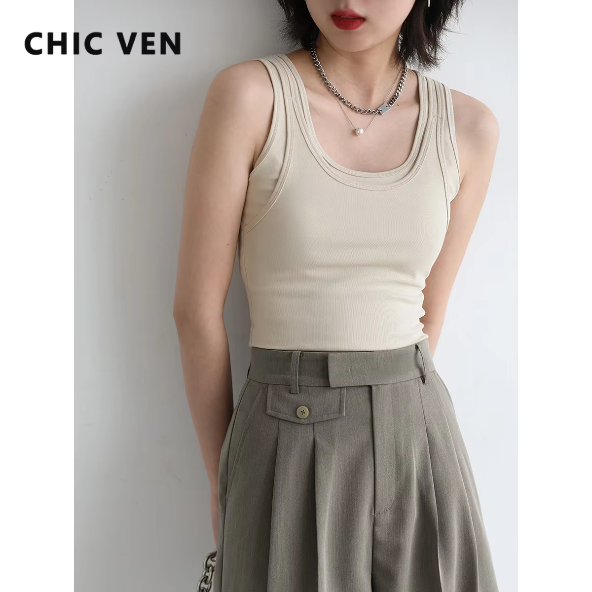 CHIC VEN Débardeur femme Camisole Design Solide Coupe Slim Court Col en U Bretelles Gilet Récolte Hauts Femmes Été Basique Élastique 2025