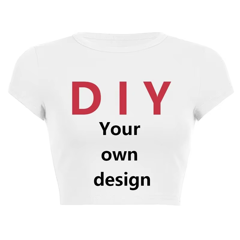 Bricolage votre propre Design motif imprimé personnaliser été à manches courtes col rond couleur unie recadrée nombril femmes hauts courts mode T-Shirt