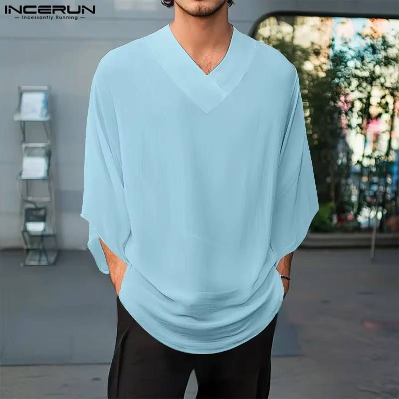 INCERUN hommes t-shirt couleur unie col en V demi manches surdimensionné mâle