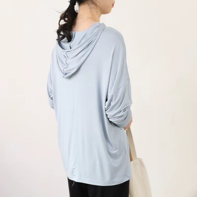 T-shirt à capuche en modal pour femme, haut décontracté printemps-automne, manches longues, coupe ample, doux, anti-UV, chemise de base, grande taille 2026