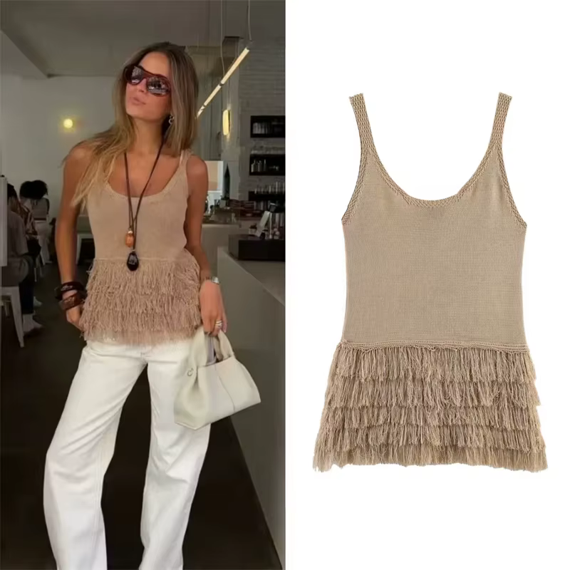 Haut pour femme Été 2026 Nouveauté Camel Sans Manches à Paillettes Style Vacances Sexy Tendance Unique High Street
