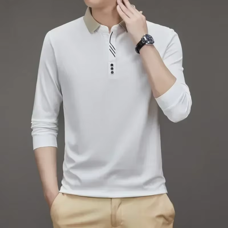 T-shirt gaufré à manches longues et col rabattu pour hommes