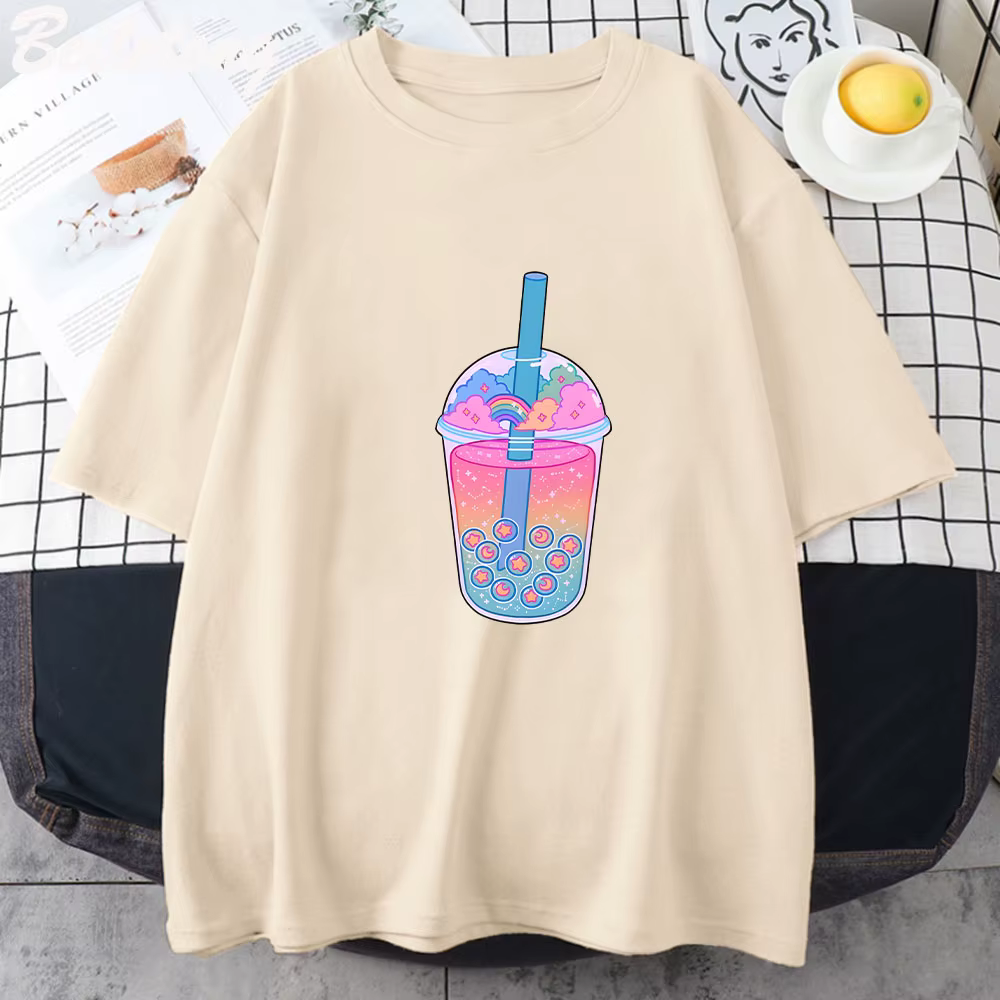 Boba Tea – T-shirt noir à manches courtes pour femme