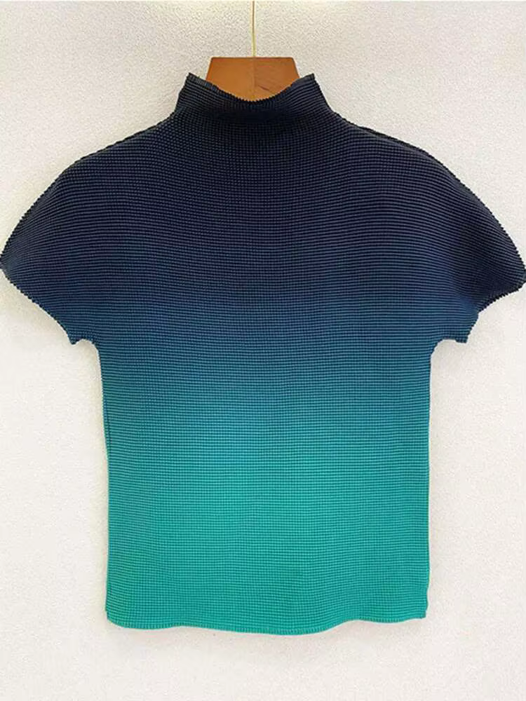 DEAT T-shirts plissés dégradés à col montant et manches courtes pour femme, style décontracté, nouvelle mode été 2026 15HT177