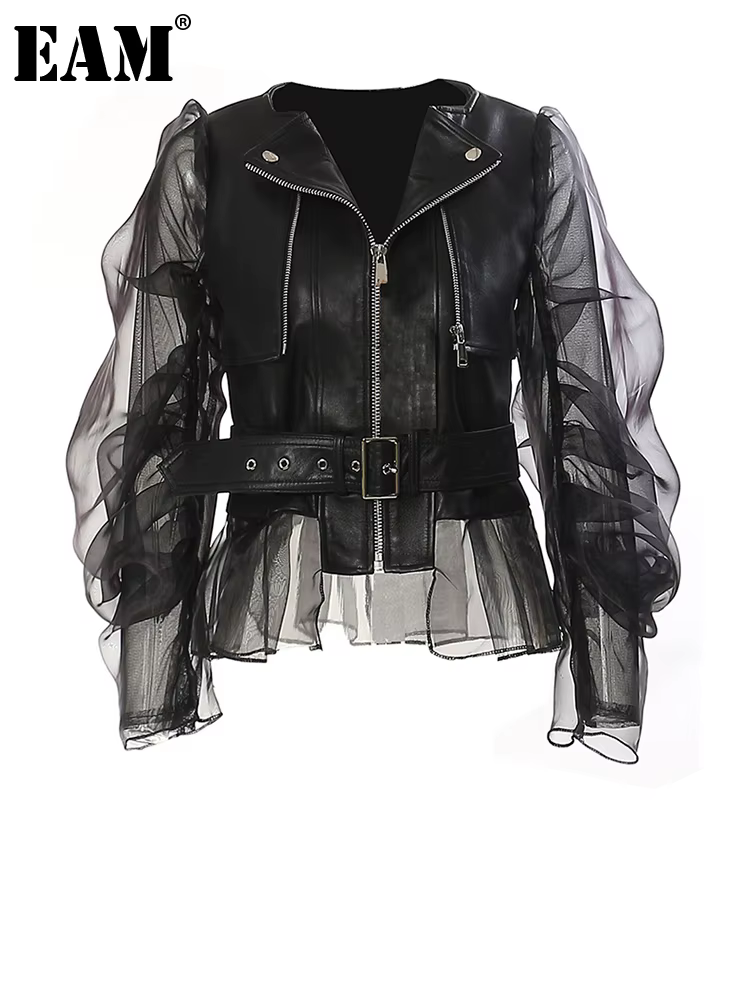 [EAM] coupe ample noir Pu cuir maille veste élégante nouveau revers à manches longues femmes manteau mode marée printemps automne 2026 17A8517