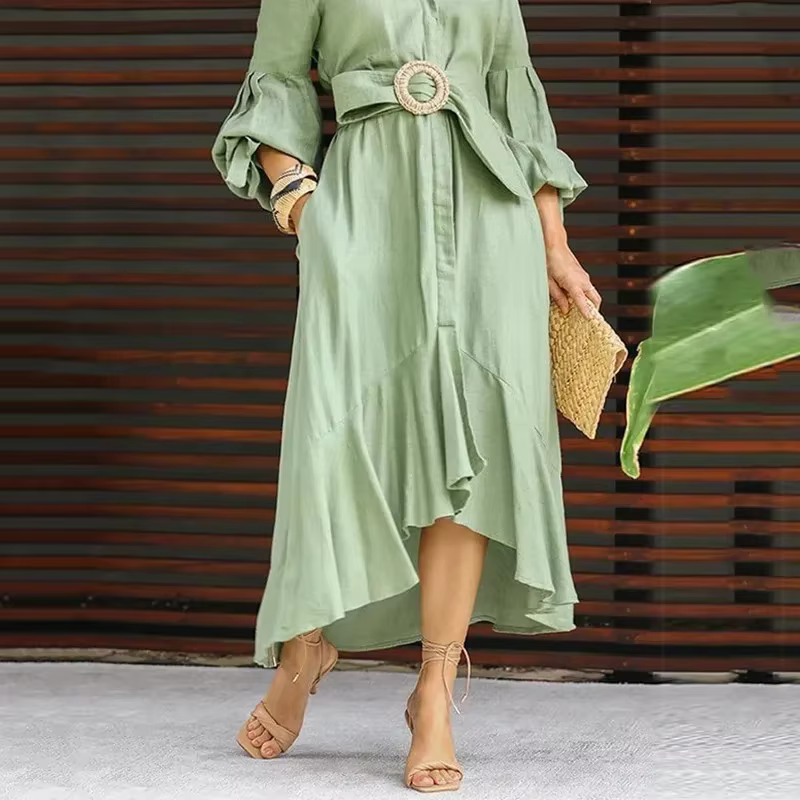 Manches lanternes avec ourlet irrégulier femme élégante taille haute tenue décontractée mode femme col en V manches évasées robe chemise trapèze