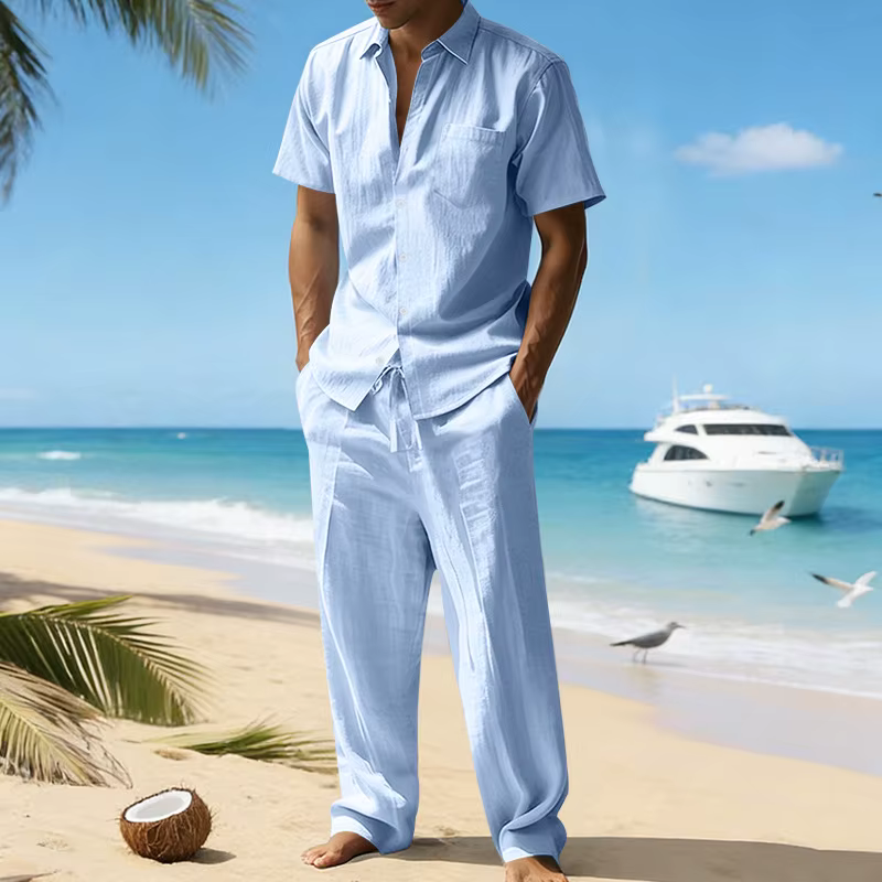 Ensemble chemise à manches courtes en lin et pantalon décontracté pour homme