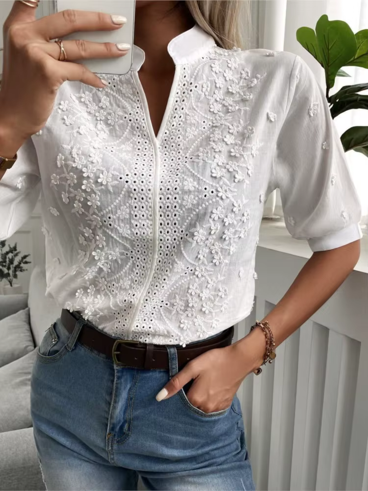 Chemisier élégant à manches courtes et col en V pour femmes, chemise en dentelle pour femmes, haut blanc, décontracté, bureau, fête, t-shirts pour femmes, nouvelle mode, été