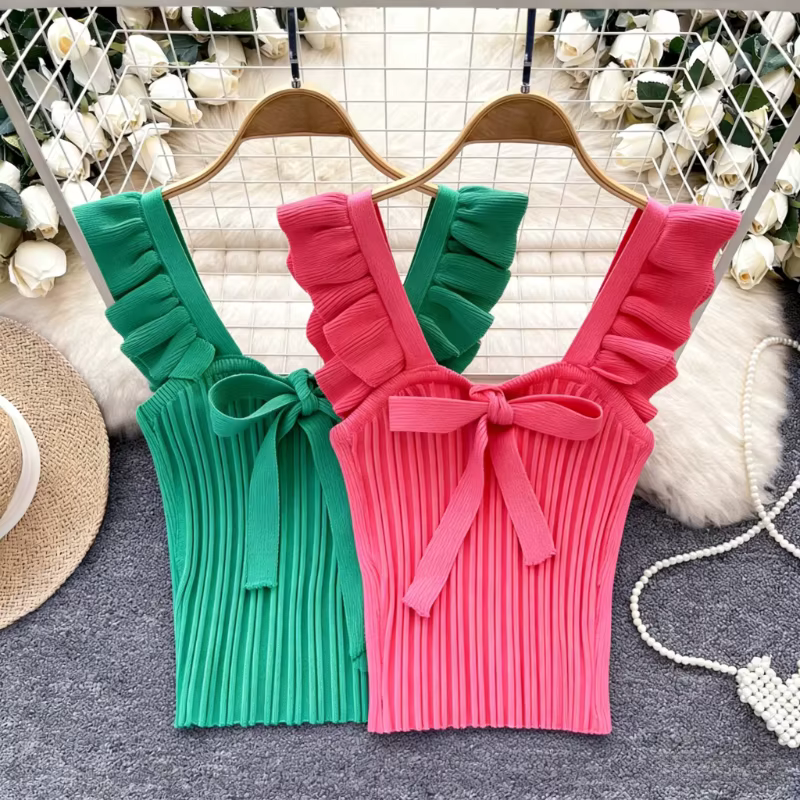 Nouvelle collection été 2026 – Haut court chic pour femme : débardeur en maille sans manches avec nœud