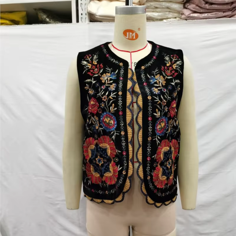 Gilet en Velours Brodé de Fleurs pour Femme, Tenue Décontractée, Couture Ouverte, Style Ethnique