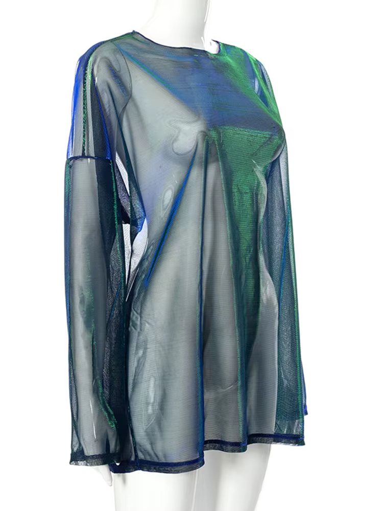 T-shirt à manches longues à col rond transparent pour femmes
