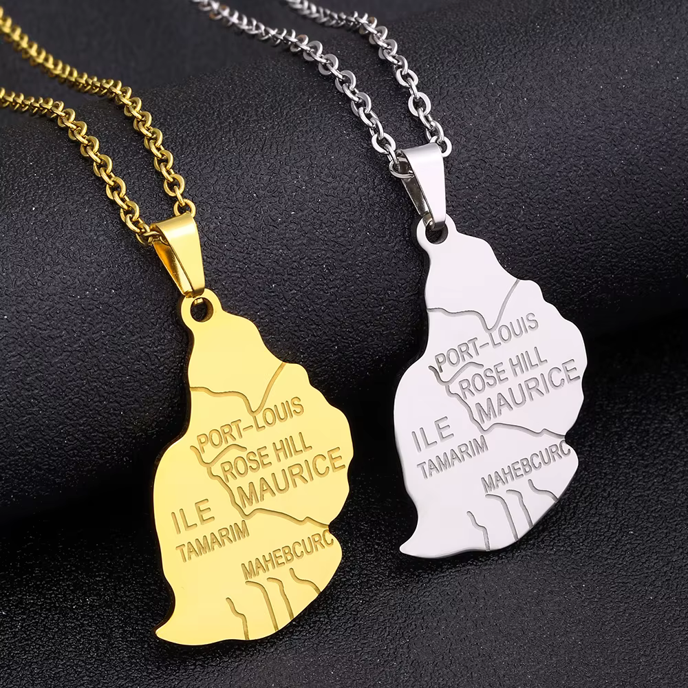 ILE Lung Map City Pendentif Collier pour Homme et Femme, Acier Inoxydable, Or, Argent, Document, Afrique, Maurice, Cartes, Bijoux, Cadeau