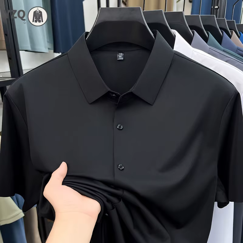 Chemise homme haut de gamme à manches courtes en soie glacée infroissable pour le bureau et le quotidien