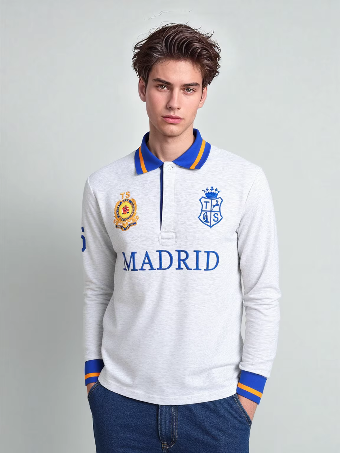 Polos pour hommes Gris 100% coton Polo à manches longues Col complet avec broderie Madrid Vêtements de sport décontractés