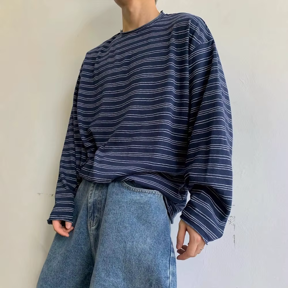 T-shirt à manches longues rayé et bouclé pour homme