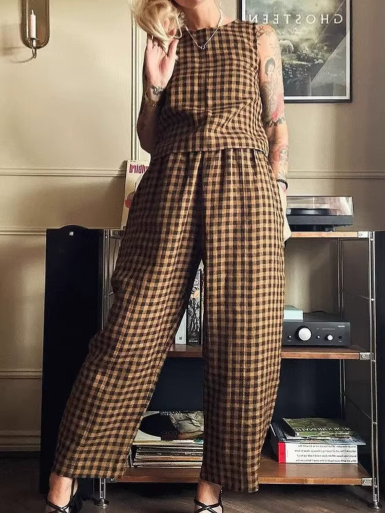 Mode femmes pantalons ensemble imprimé Plaid sans manches 2025 printemps été décontracté gilet neuf points pantalon