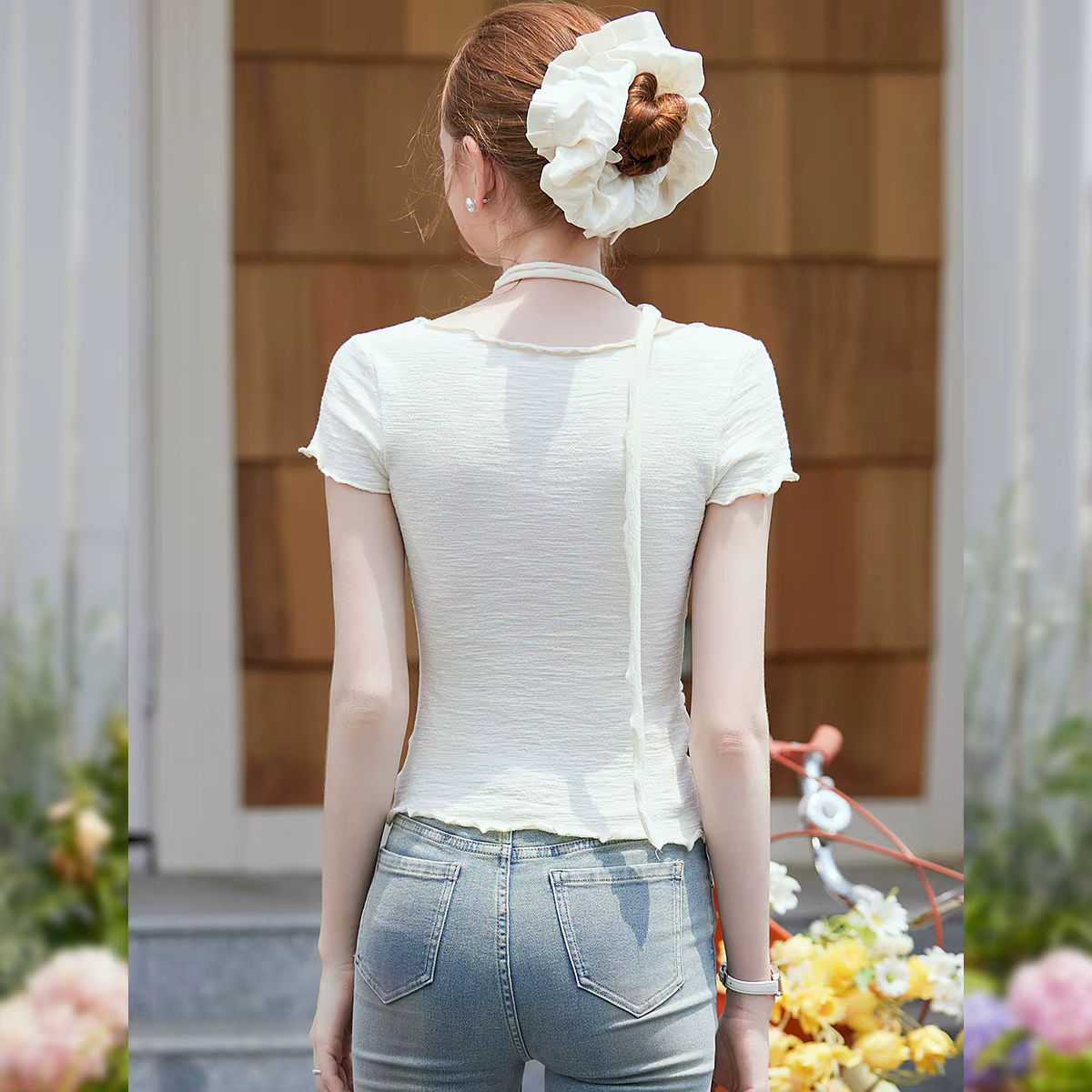 LOUIS YAO T-shirt femme 2025 mode d'été 3D fleur décoration dentelle épissage manches courtes Micro élastique coupe ajustée T-shir