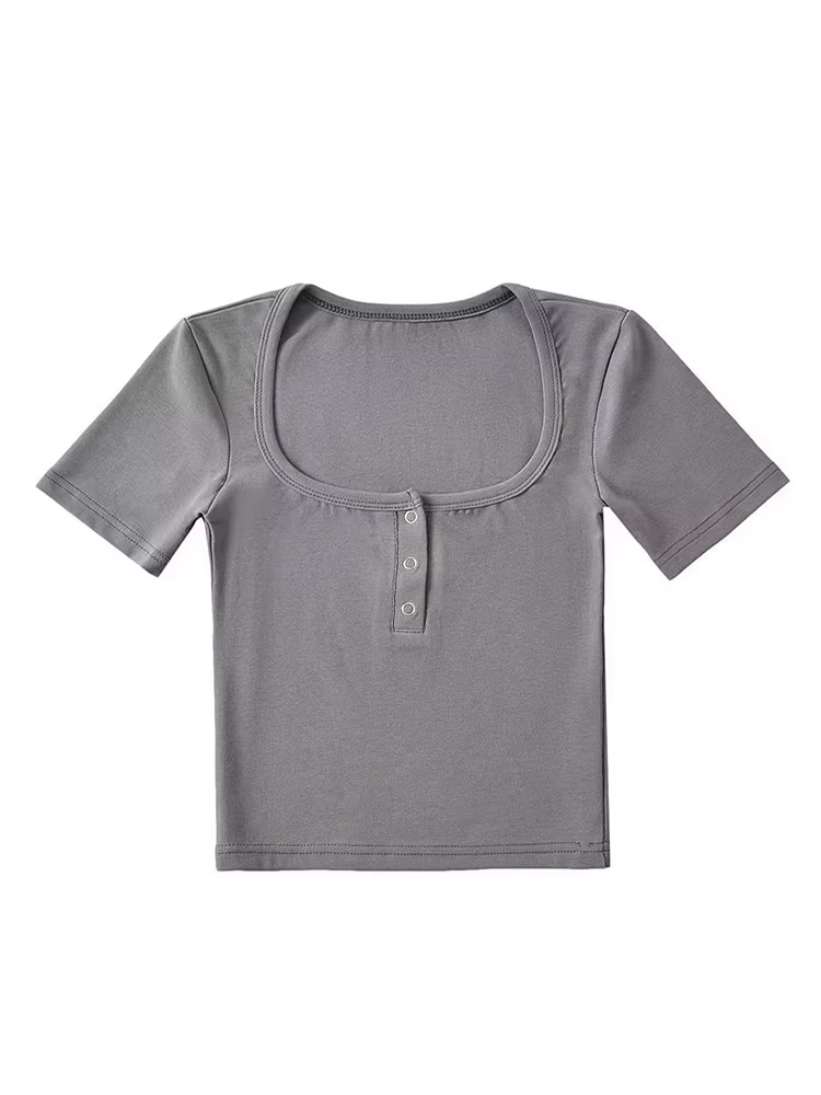 T-shirt court à manches courtes et boutons sur le devant pour femmes
