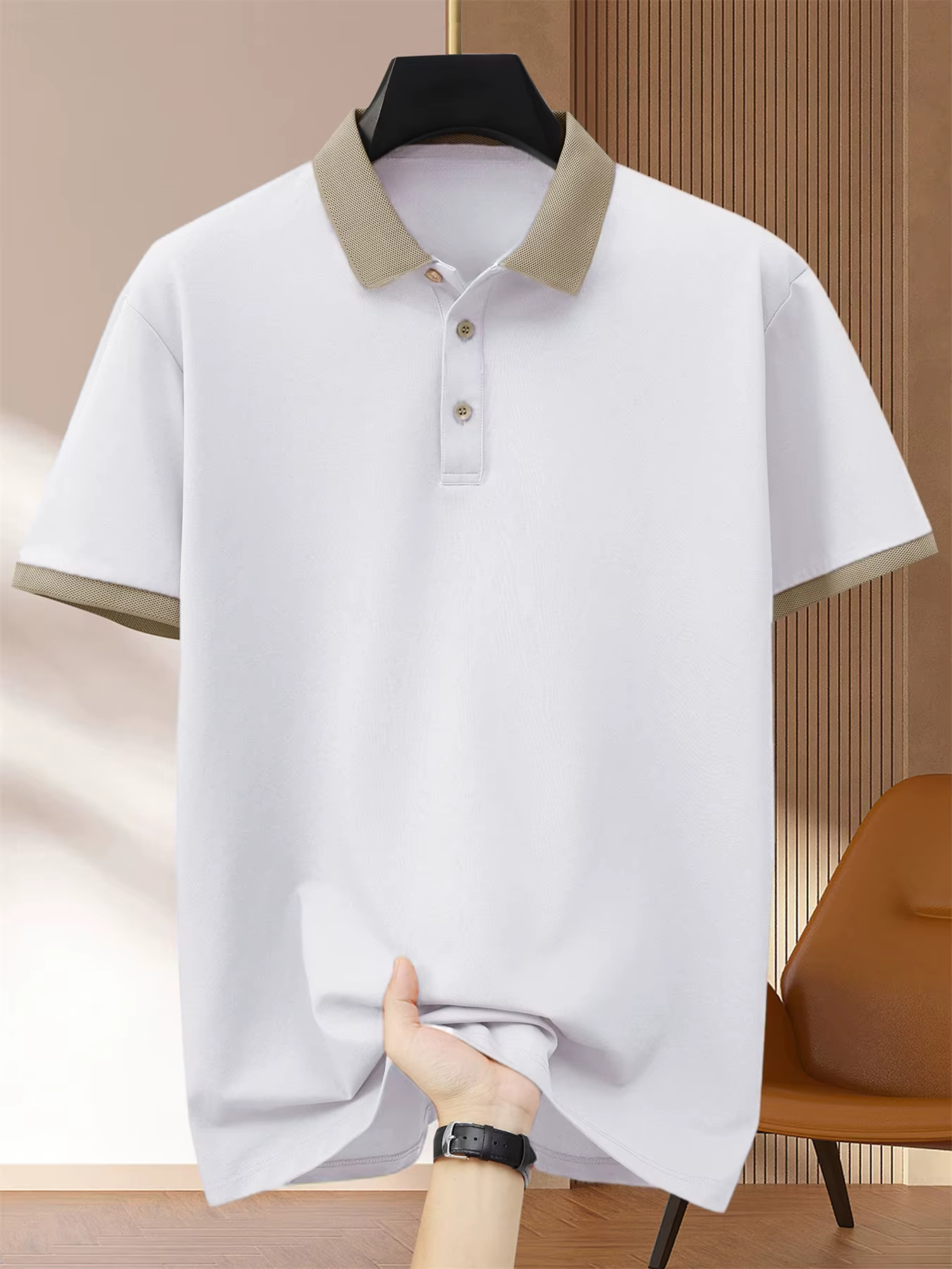 2025 Polo noir pour hommes contraste col Beige manchette manches courtes respirant affaires décontracté tissu doux