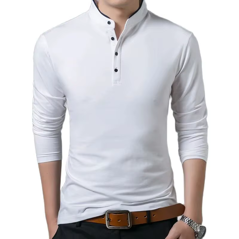 SHiONFA t-shirts en pur coton pour hommes col Mandarin à manches longues chemise confortable simple boutonnage doux supérieur extérieur pour le printemps automne