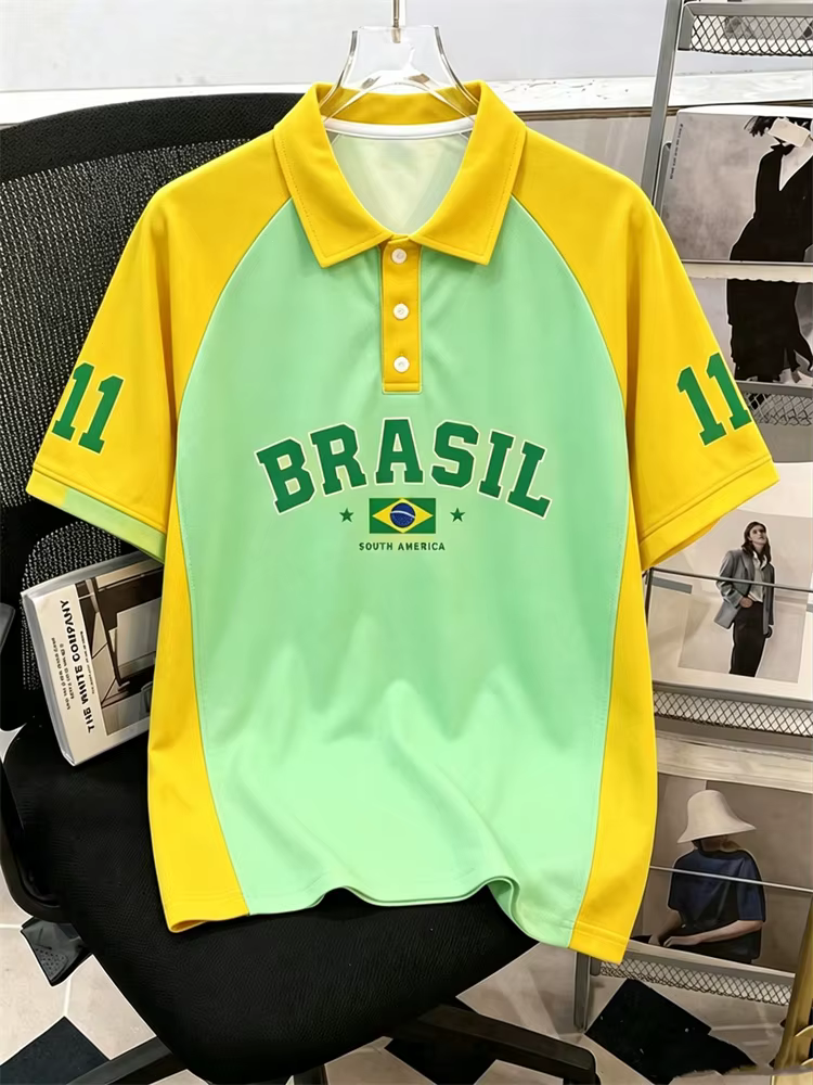 Nouveau T-shirt Polo Homme à Manches Courtes Motif Drapeau Brésilien Style Sportif