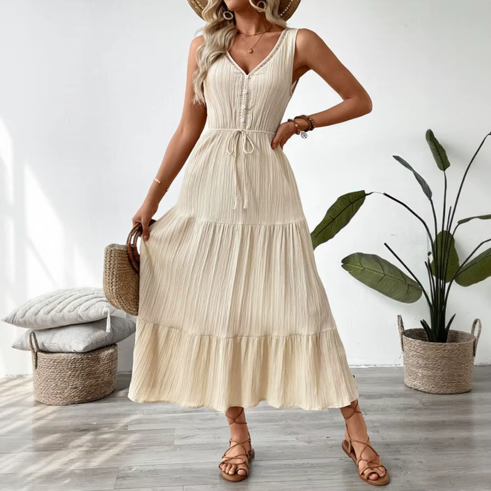 Robe longue texturée sans manches à volants pour femme