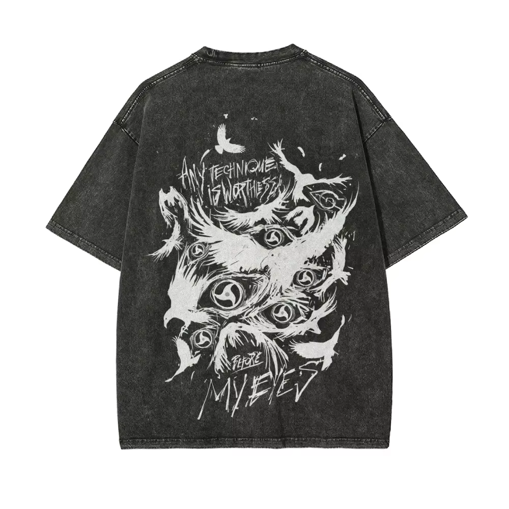 T-shirt Naruto Itachi Uchiha Sharingan Crow Vintage Acid Wash Streetwear Oversized Rétro Anime Graphique Coton Homme